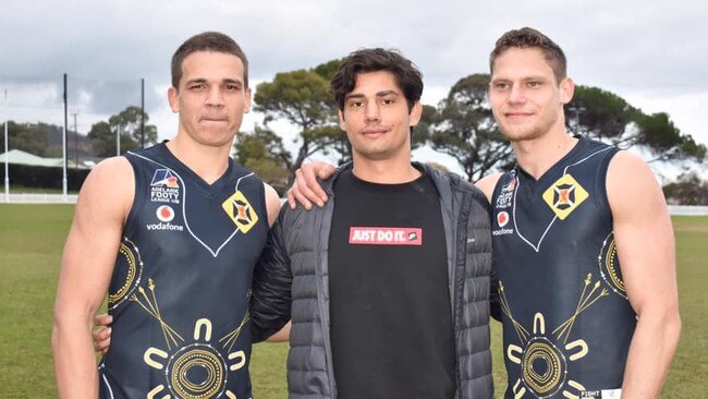 Ex-Scotch Old Collegians footballer and new Sturt recruit Ash Johnson (L) with cousin and Gold Coast Sun recruit Jy Farrar (R) and brother, Adelaide Crow Shane McAdam. Picture: Scotch Old Collegians Football Club.