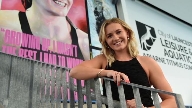 Ariarne Titmus at the unveiling of the renamed Ariarne Titmus Competition Pool at the Launceston Leisure &amp; Aquatic Centre. Picture: Alex Treacy