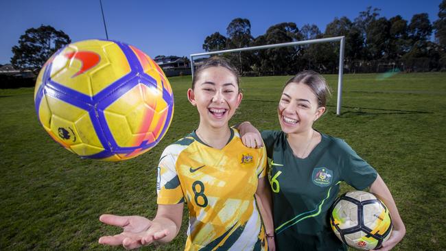 Emerging Matildas player Nia Stamatopoulos and friend Eleni Georgopoulos. Picture: Wayne Taylor