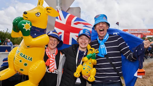 Sam, 11, Claudia, 14, and David Cripps at the finish line in Paracombe. Picture: Matt Loxton