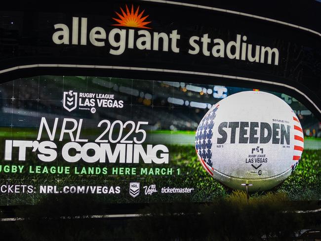 Allegiant Stadium in Las Vegas with NRL advertising its 2025 season launch. Picture: Bryce Cacpal