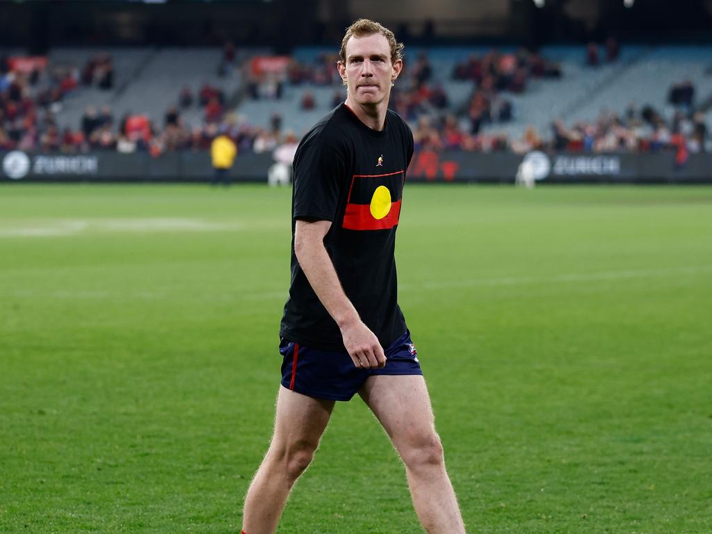 Harrison Petty of the Demons is seen after being subbed from the match during the 2024 AFL Round 11 match between Narrm (Melbourne) and Euro-Yroke (St Kilda) at The Melbourne Cricket Ground on May 26, 2024 in Melbourne, Australia. (Photo by Michael Willson/AFL Photos via Getty Images)