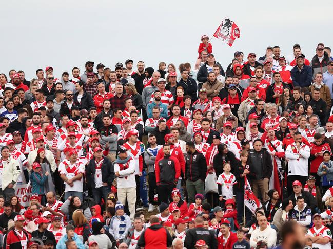 Dragons fans during the St George Dragons v Bulldogs NRL match at Jubilee Oval, Kogarah. Picture: Brett Costello