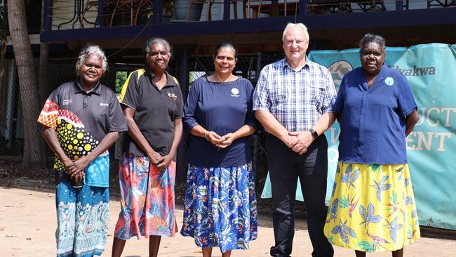 Groote Eylandt, January 13, 2025: Dorothea Lalara, Serena Bara, ALC Chair Cherelle Wurrawilya, Local Government Minister Steve Edgington, and Ida Mamarika at the Anindilyakwa Land Council office announcing the new ward structure for Groote Archipelago Regional Council. Picture: Supplied.