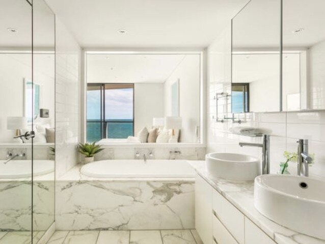 The two-bedroom apartment boasts a marble ensuite and sweeping views of Port Phillip Bay. Picture: Supplied