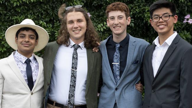 Hat goals. From left to right: Abhinav Ananth, Lachlan Meissner, Oliver Brown and Joash Ong pose for a photo at St Paul's Year 10 formal at Hawkesbury Race Club on Wednesday, 1 December 2021. Picture: Monique Harmer