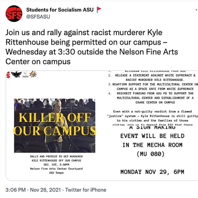 The student groups called for the university to “protect students from a violent, bloodthirsty murderer.” Picture: Twitter