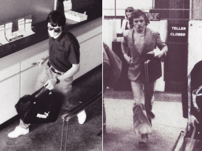 Left, a bandit with a tucked-in, short-sleeved shirt at a Bank of Melbourne at a shopping centre in 1991. Right, a flair-panted cool customer hiding a sawn-off shotgun robbed a Swanston St bank in 1981.