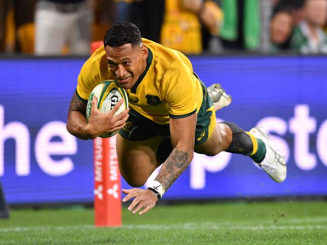 Israel Folau of the Wallabies is seen scoring a try which was later ruled no try by the referee during the First Test between Australia and Ireland at Suncorp Stadium in Brisbane, Saturday, June 9, 2018. (AAP Image/Darren England) NO ARCHIVING, EDITORIAL USE ONLY