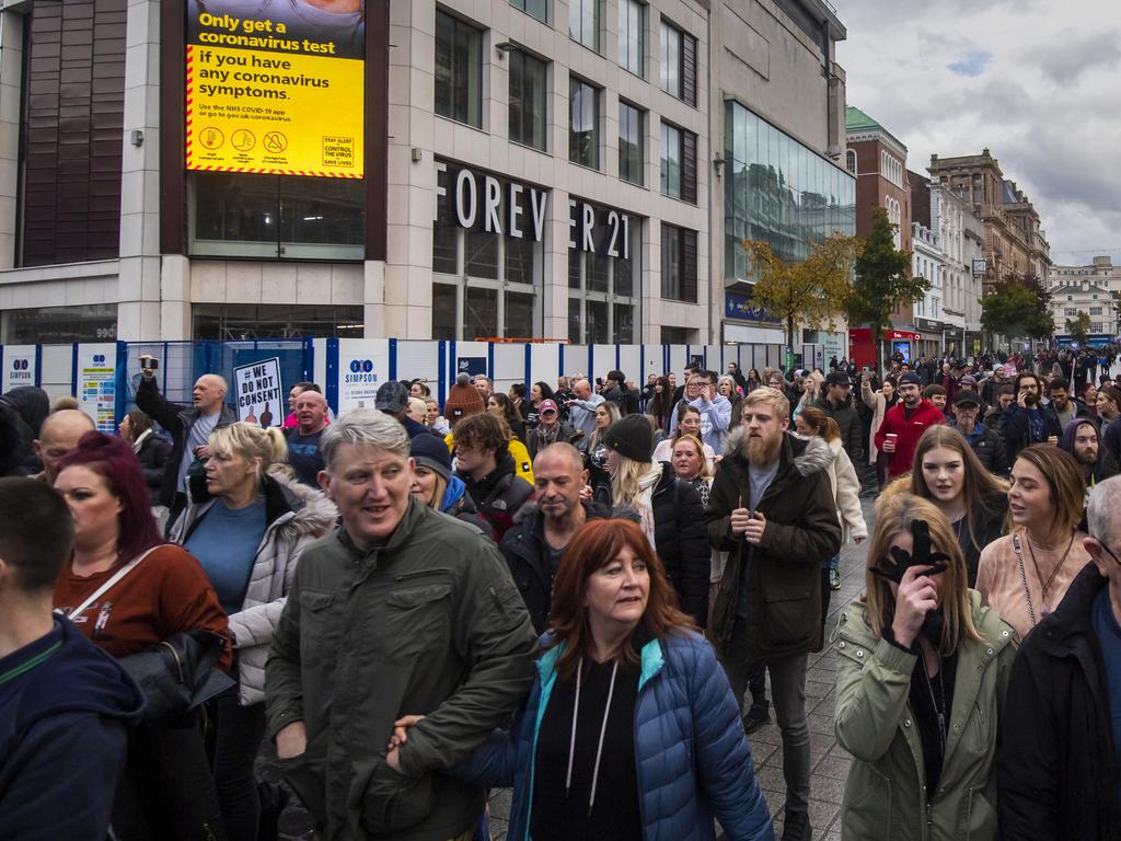 Demonstrators not wearing face masks protest restrictions in Liverpool. Picture: Anthony Devlin/Getty Images