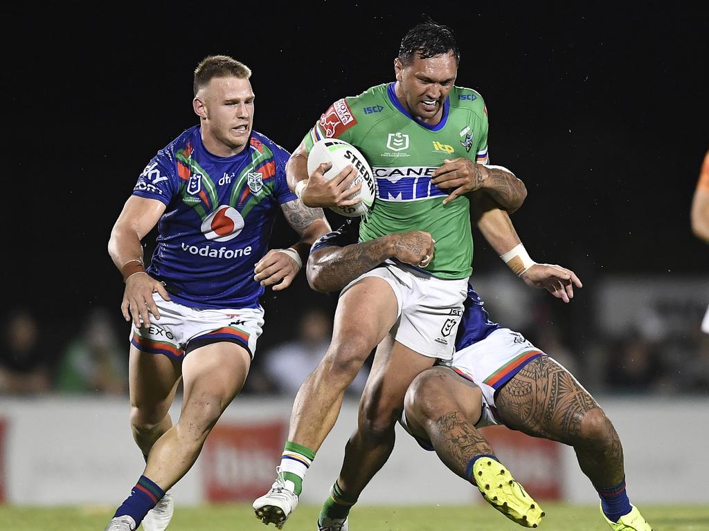 <p>MACKAY, AUSTRALIA - AUGUST 27: Jordan Rapana of the Raiders is tackled during the round 24 NRL match between the New Zealand Warriors and the Canberra Raiders at BB Print Stadium, on August 27, 2021, in Mackay, Australia. (Photo by Ian Hitchcock/Getty Images)</p>