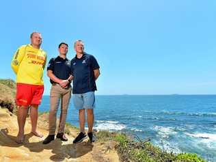 ACTION MEN: (L-R) Nathan Steer, Jacob Thomson and Graham Sharry were the first lifesavers to respond to reports Kyle Roberts' kayak had been attacked by a large tiger shark. Dave McLean joined the team, working as comms coordinator for the rescue. Picture: John McCutcheon