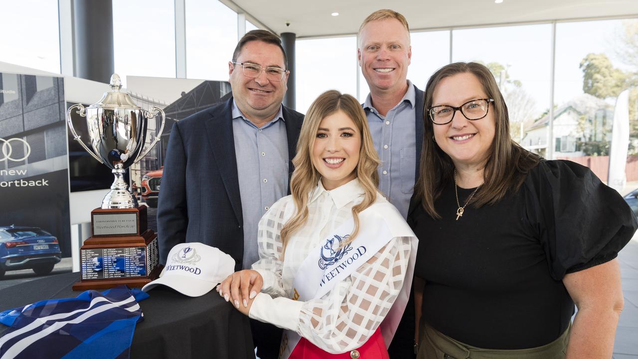 Alex Patis is the 2023 Face of Weetwood, with (back, from left) Audi Centre Toowoomba Weetwood naming rights sponsor David Russell, Toowoomba Turf Club chairman Jason Ward and CEO Lizzy King. Picture: Kevin Farmer