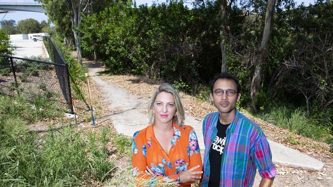 Councillors Kara Cook and Jonathan Sri at the bikeway which ends abruptly 50m from the new Murarrie Recreation Hub. Picture: AAP/Renae Droop