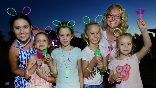 Kate Lillywhite, Chloe Lillywhite, 6, Ava Lillywhite, Maddison Neale, 8, Lisa Neale and Kirralee Neale, 6 celebrated New Year’s Eve in 2015 at North Ipswich Reserve. Picture: David Nielsen