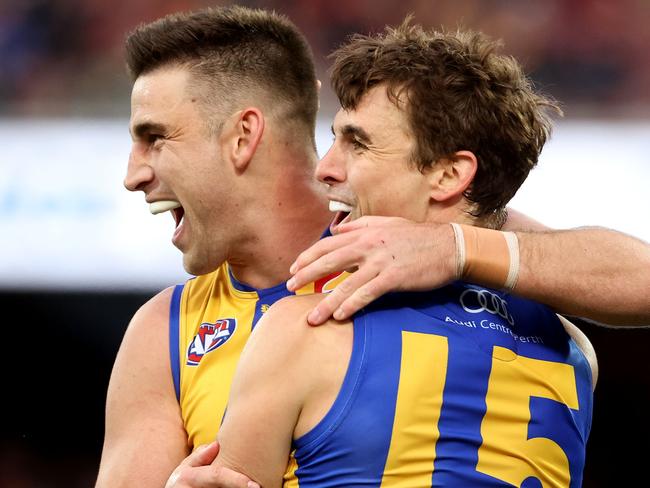 ADELAIDE, AUSTRALIA - JULY 18: Elliot Yeo and Jamie Cripps of the Eagles celebrate a goal during the 2021 AFL Round 18 match between the Adelaide Crows and the West Coast Eagles at Adelaide Oval on July 18, 2021 in Adelaide, Australia. (Photo by James Elsby/AFL Photos via Getty Images)