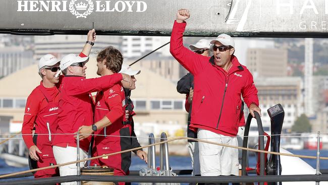 Wild Oats XI skippered by Mark Richards sails up the River Derwent on her way to a 9th line honours victory in the 2018 Sydney to Hobart Yacht Race. The yacht crossed the line in 1d 19hrs 7mins 21secs  . Picture: RICHARD JUPE