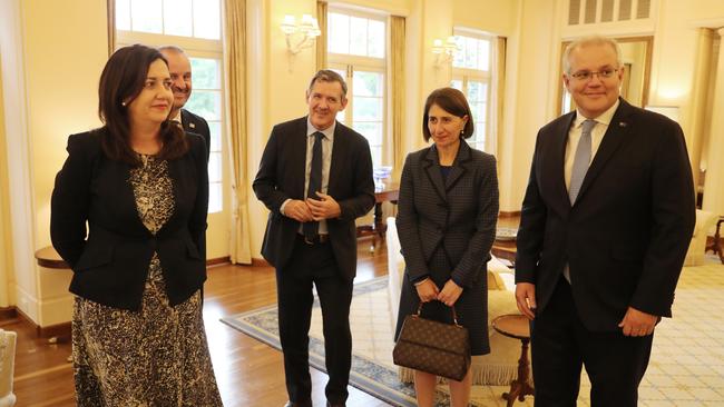 Prime Minister Scott Morrison and the Governor General welcome the National Cabinet Premiers and State leaders for the first National Cabinet meeting of 2020. Picture: Adam Taylor/PMO