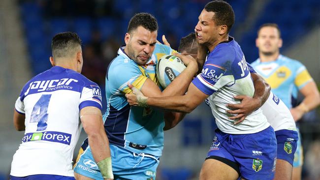 Ryan James in action during the Round 14 NRL game between the Gold Coast Titans and the Bulldogs at Cbus Super Stadium, Robina. Pics Adam Head