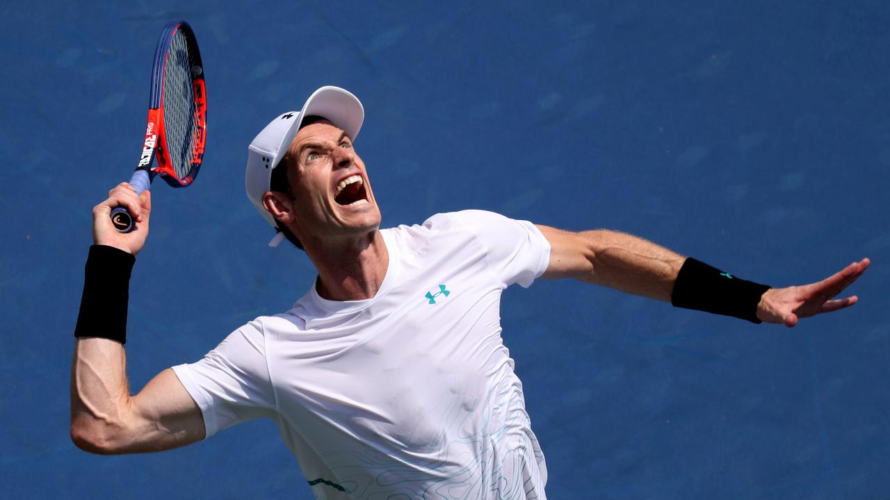 Andy Murray of Great Britain serves to Lucas Pouille.
