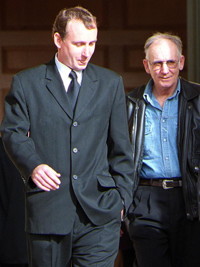 James Weston with his father Geoffrey James Stanley outside the Adelaide Magistrates Court in 1999.