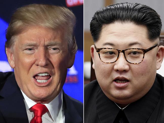 FILE - A combination of two file photos shows U.S. President Donald Trump, left, in Cleveland, Ohio, May 5, 2018, and North Korean leader Kim Jong Un, right, in Panmunjom, South Korea, April 27, 2018. The June 12 meeting between tough-talking President Donald Trump and North Korean leader Kim Jong Un, a brash young ruler with a nuclear arsenal, brings a bombastic set of personalities to the small island nation, which has hosted plenty of important meetings, but nothing as big as this. (AP Photo/Manuel Balce Ceneta, Korea Summit Press Pool via AP, File)