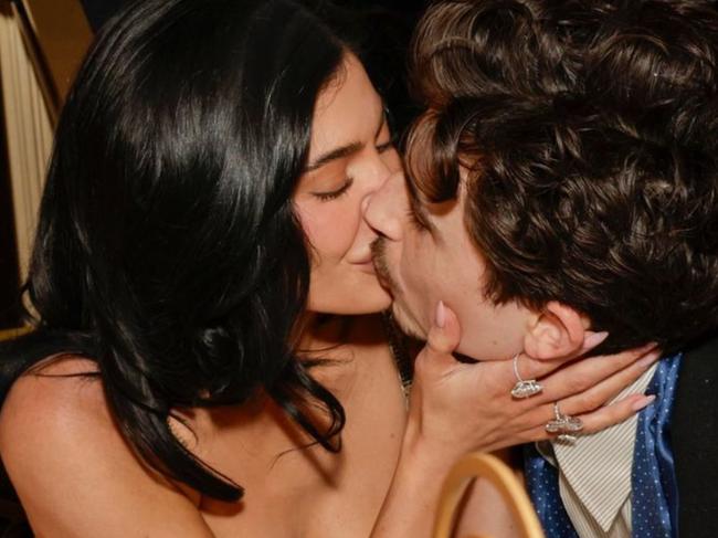 Kylie Jenner and Timothee Chalamet locked lips during the ceremony on Sunday evening. Picture: Getty.