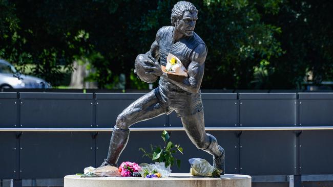 The famous Russell Ebert statue at Adelaide Oval after his death. Picture: Brenton Edwards