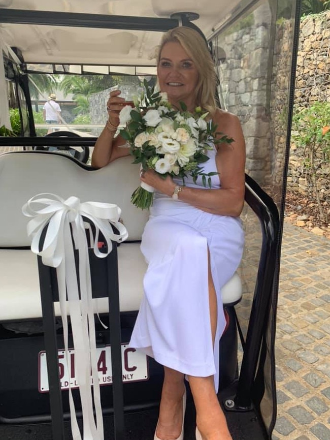 Fi Bendall renewing her wedding vows at Qualia, an exclusive resort on Hamilton Island in 2019. Picture: Facebook