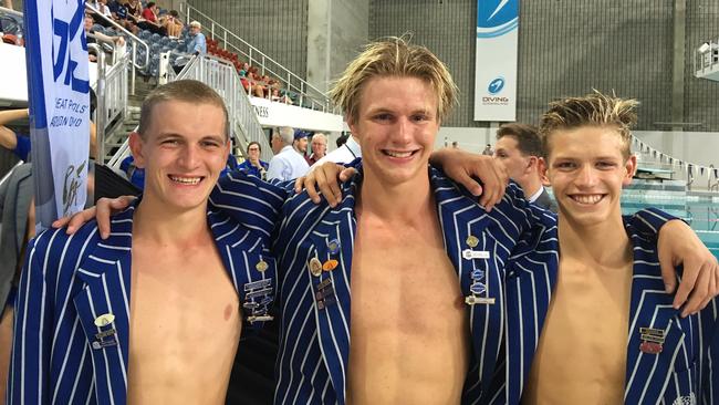 The Nudgee College swimming captains Josh Tomlinson, Jacob Krayem, middle, and Lachlan Gilbert were al performing well at the nationals. .