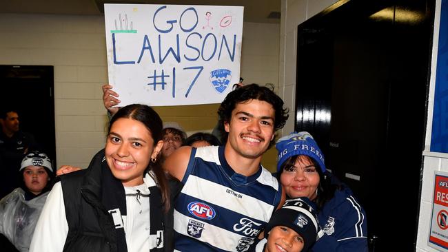 Humphries withhis family after his debut game. Picture: Josh Chadwick/AFL Photos/via Getty Images