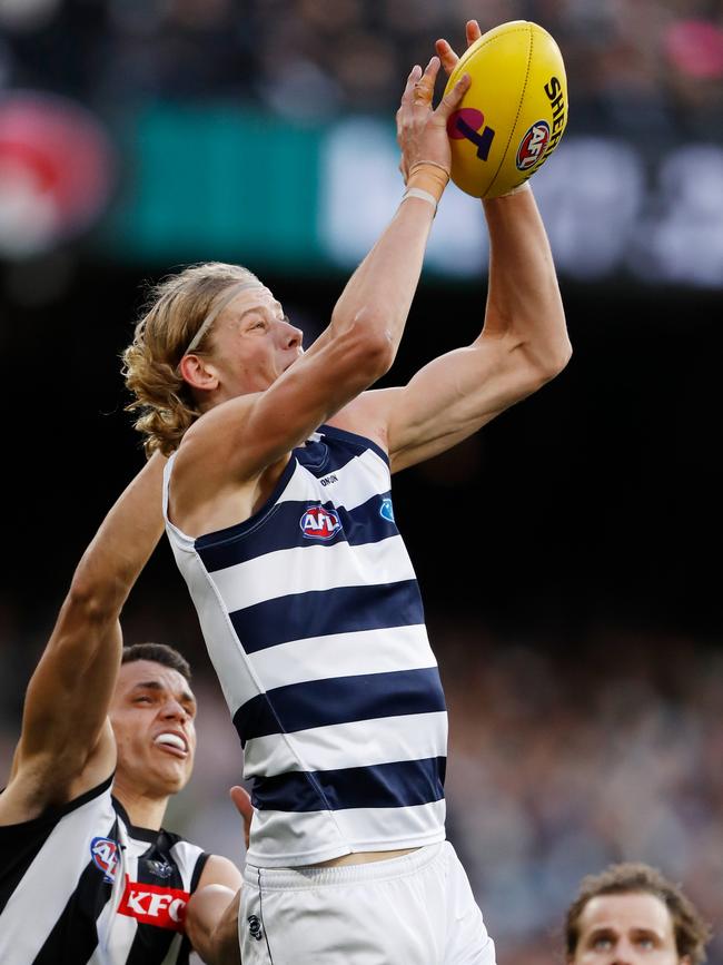 Is young Cat Sam De Koning up to the challenge? Picture: Dylan Burns/AFL Photos