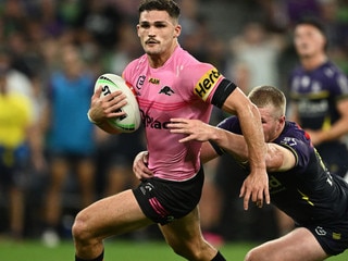 MELBOURNE, AUSTRALIA - MARCH 08: Nathan Cleary of the Panthers is tackled during the round one NRL match between Melbourne Storm and Penrith Panthers at AAMI Park on March 08, 2024, in Melbourne, Australia. (Photo by Quinn Rooney/Getty Images)