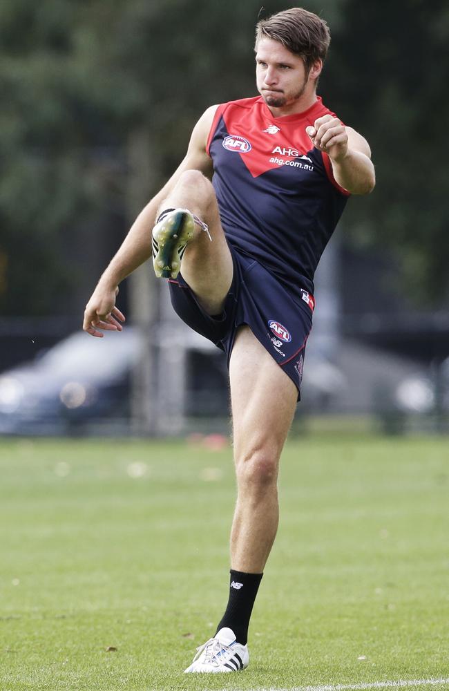 Jesse Hogan in action during Melbourne training at Gosch’s Paddock. Picture: Hamish Blair