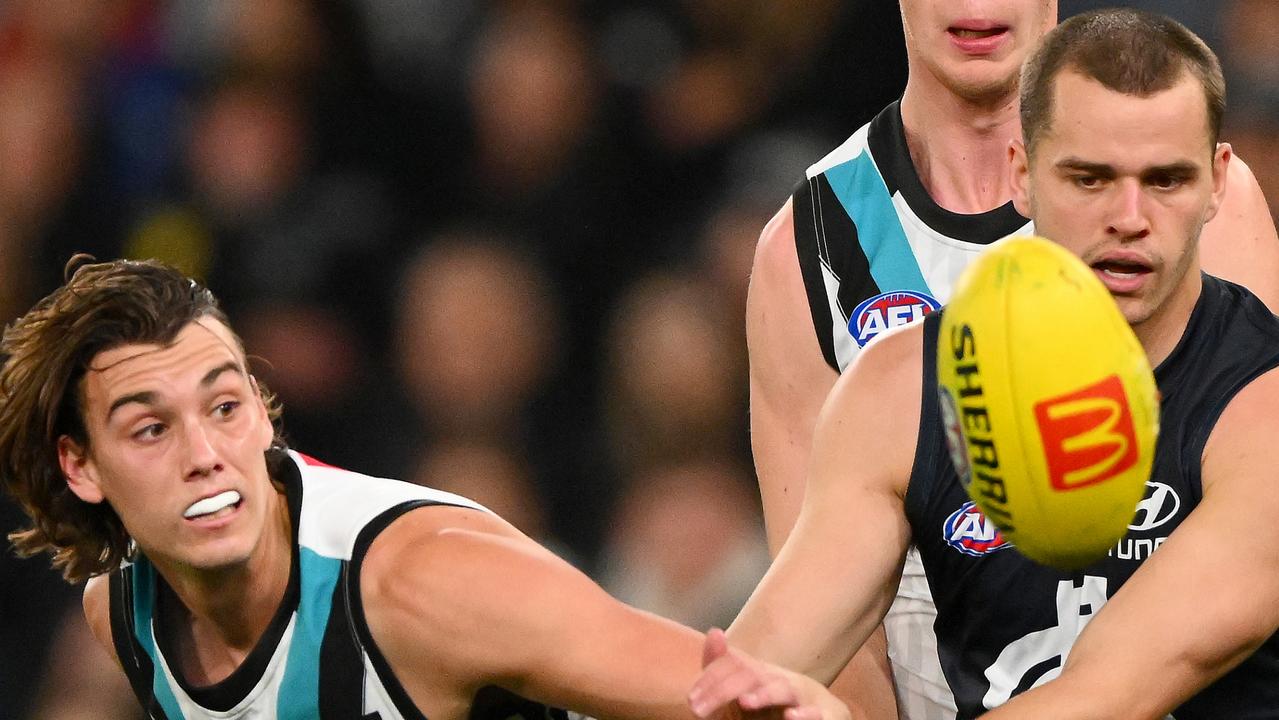 Lord and the Power struggled in front of the big sticks in the first half. (Photo by Morgan Hancock/AFL Photos via Getty Images)