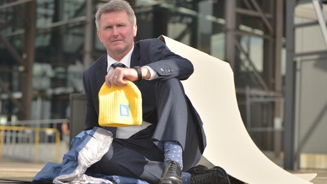 Bernie Fehon, co-founder of the CEO Sleepout pictured at the White Bay Cruise Terminal in Rozelle. He is urging CEO’s across Sydney to sleep cold for charity. Picture: Flavio Brancaleone.