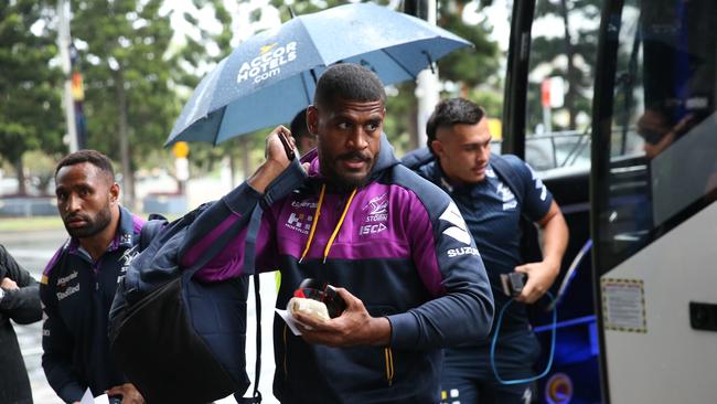 Melbourne Storm players arrive at the Pullman Hotel in Homebush on Saturday evening.