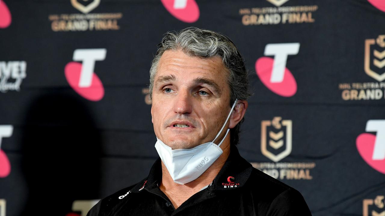 BRISBANE, AUSTRALIA - OCTOBER 01: Coach Ivan Cleary of the Panthers speaks during a press conference at the NRL Grand Final Fan Fest at King George Square on October 01, 2021 in Brisbane, Australia. (Photo by Bradley Kanaris/Getty Images)
