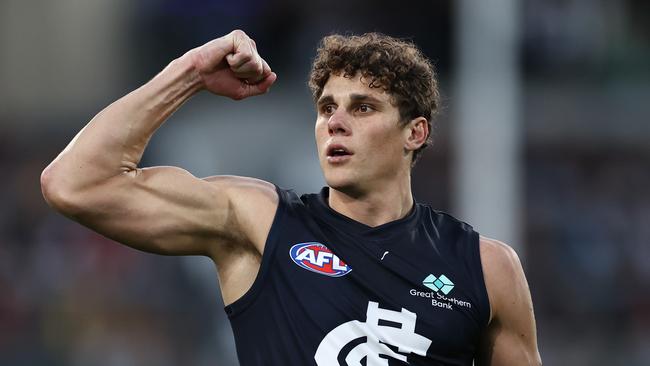 BRISBANE, AUSTRALIA - September 23, 2023. AFL . Charlie Curnow of the Blues celebrates a 1st quarter goal during the 2nd preliminary final between the Brisbane Lions and the Carlton at the Gabba in Brisbane, Australia.. Photo by Michael Klein.