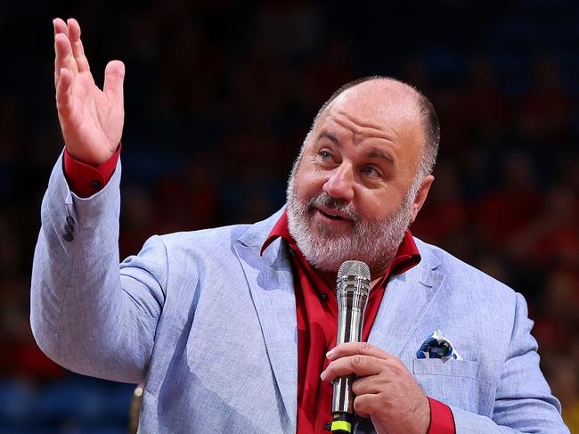 PERTH, AUSTRALIA - JANUARY 20: Craig Hutchison talks during a ceremony to retire the playing number of Shawn Redhage following the round 16 NBL match between Perth Wildcats and Sydney Kings at RAC Arena, on January 20, 2023, in Perth, Australia. (Photo by Paul Kane/Getty Images)