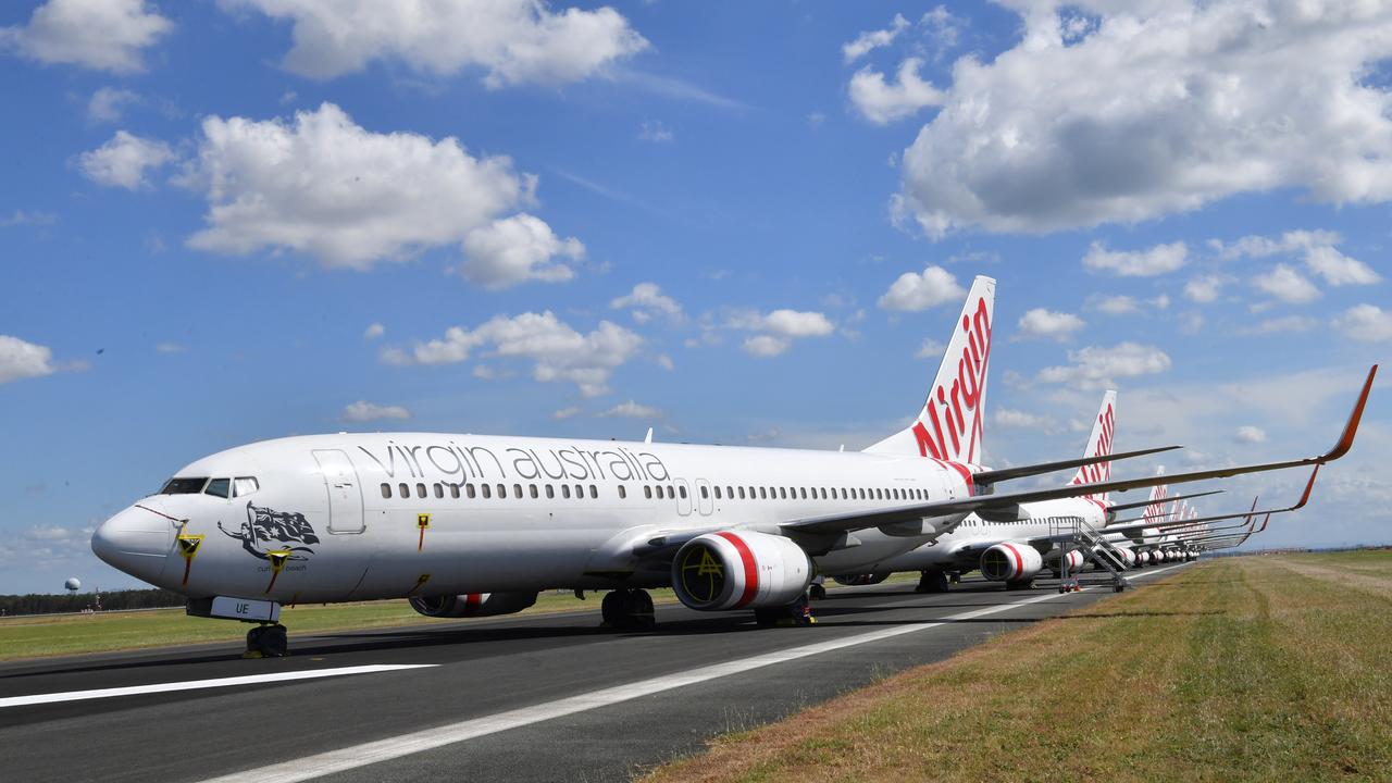 Grounded Virgin aircraft parked at Brisbane Airport. Picture: Darren England/AAP