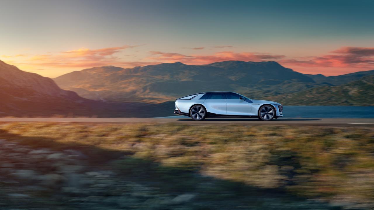 Cadillac CELESTIQ side profile view with the sky and mountains in the background. Picture: Cadillac