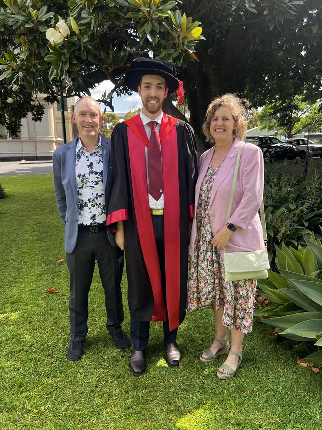 Gunnar Jonsson, Dr Carl Jonsson (PhD in Mechanical Engineering) Ruth Zerner at the University of Melbourne graduations held at the Royal Exhibition Building on Tuesday, December 17, 2024. Picture: Jack Colantuono