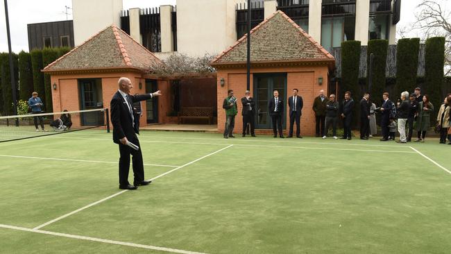 John Bongiorno takes control of am auctioned tennis court in Melbourne’s Toorak. Picture: David Smith