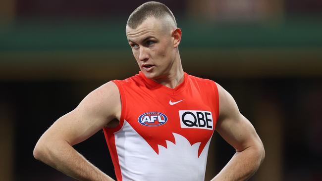 SYDNEY, AUSTRALIA - JUNE 09: Chad Warner of the Swans looks on during the round 13 AFL match between Sydney Swans and Geelong Cats at SCG on June 09, 2024 in Sydney, Australia. (Photo by Jason McCawley/AFL Photos/via Getty Images)