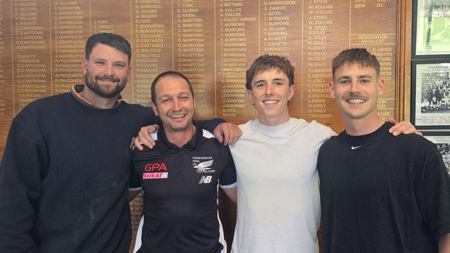 Mac Bower, Sam Morris and Isaac Hewson with PNU coach Jeremy Cini. Picture: Payneham Norwood Union Football Club