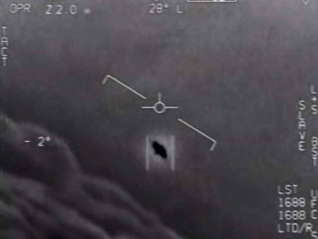 A grab from an authentic video taken by Navy pilots of an encounter with an unidentified aerial phenomena. Picture: US Department of Defence/AFP