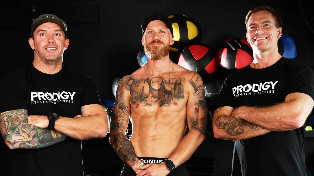 Owner Mark Christensen, AJ Hearne and coach Chris Ashton at Prodigy Strength &amp; Fitness, Caloundra. Picture: Patrick Woods.