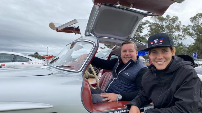 The rare 1955 Mercedes Benz 300SL gull wing being driven in Targa Tasmania by Queensland father and son Chris and Oscar Bowden. Picture James Bresnehan