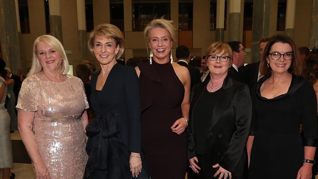 Karen Andrews, Michaelia Cash, Bridget McKenzie, Linda Reynolds and Anne Ruston at the annual Mid-Winter Ball at Parliament House in Canberra. Picture: Kym Smith